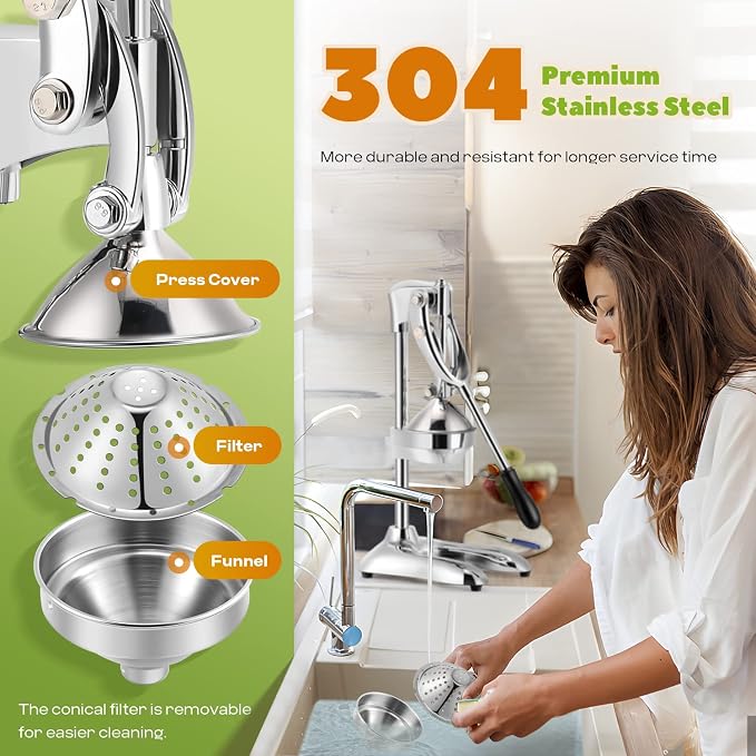 Manual Juicer Hand Press Professional Citrus Juicer Countertop Metal Orange Lemon Pomegranate Squeezer for Commercial Home Restaurant Use( Stainless Steel Heavy Duty Extra Large 7.4*9.8*19.3") - Image 2
