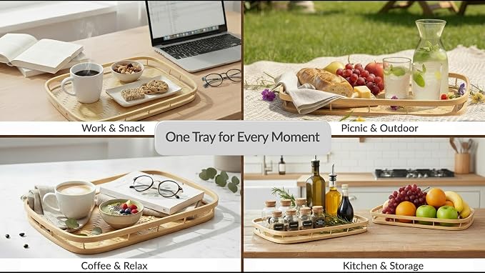 PEMAR Set of 6 Natural Bamboo Trays for Eating - Hand-Woven Handcrafted Rectangular Serving Trays with Handles - Unique Stackable Lap Trays for Dinner, TV Trays for Couch, Farmhouse Decor - Image 4