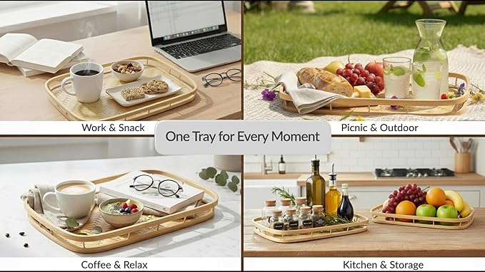 PEMAR Set of 4 Natural Bamboo Trays for Eating - Hand-Woven Handcrafted Rectangular Serving Trays with Handles - Unique Stackable Lap Trays for Dinner, TV Trays for Couch, Farmhouse Decor - Image 4