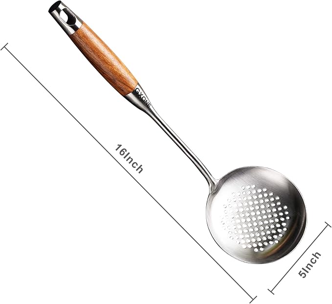 Slotted Spoon,Strainer Skimmer Ladle for Cooking and Frying,15.8Inch | 304 Stainless Steel,Wooden handle,Strainer Skimmer Ladle,Strainer Pasta Spoon,For Kitchen Cooking - Image 2