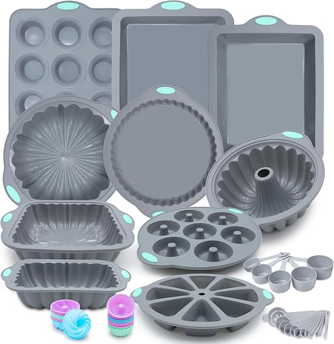 51 Piece Silicone Baking Pan Set, Non-Stick Bakeware Set with Baking Pans, Reusable Donut Mold, Food-Grade Silicone Molds for Cakes, Cookies, Muffins, Bread, Light Grey by Toencounter