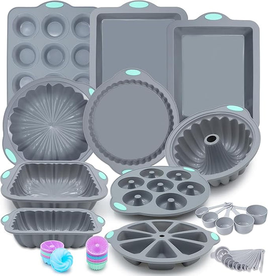 51 Piece Silicone Baking Pan Set, Non-Stick Bakeware Set with Baking Pans, Reusable Donut Mold, Food-Grade Silicone Molds for Cakes, Cookies, Muffins, Bread, Light Grey by Toencounter