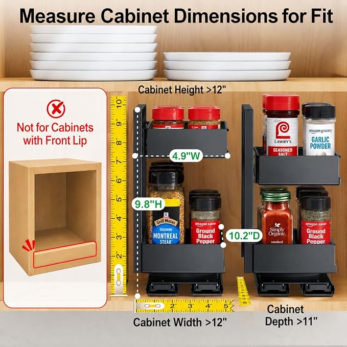 Pull Out Spice Rack - 2 Pack Spice Organizer for Cabinet | For Flat-Front Cabinets Only, Pull-Out Rotating Access, No-Drill Mount, Keeps Spices Visible Easy to Reach, Adjustable Height - Image 2