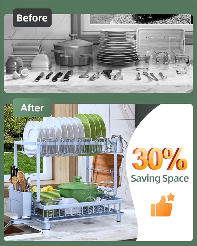 Dish Drying Rack 2-Tier Dish Racks with Drainboard, Rustproof, Space-Saving Dish Rack, Utensil & Cup Holder for Kitchen Counter, Blue - Image 3