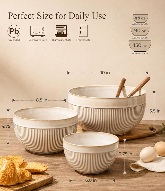 GBhome Ceramic Mixing Bowls Set of 3, Stoneware Nesting Serving Bowls | 45/90/150 oz For Prep, Baking, Serving, Gift, Microwave and Dishwasher Safe, Ribbed Dishware Collection,Cappuccino - Image 3
