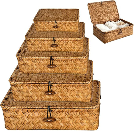 Wicker Basket With Lid Set of 5,Decorative Boxes with Lids Flat Storage Bins,Multipurpose Seagrass Storage Baskets,Wicker Basket With Lid Woven Organizer Baskets for Shelf, Closet, Bedroom by Unknown