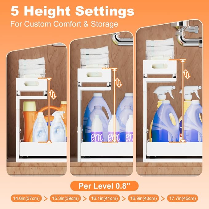 Upgrade 1 Pack Expandable Under Sink Organizer: 2-Tier Pull Out Cabinet with 3 Heavy-Duty Ball-Bearing Slide Rails, Tool-Free Height Adjustable, Slide-Out Drawers for Kitchen, Bathroom, Laundry - Image 4