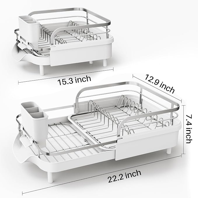 SAYZH Expandable Dish Drying Rack for Small Kitchen Counter, White | Stainless Steel, Protective Guardrail, Angled Drainboard, Fits High-Rim Sinks, Removable Utensil Holder - Image 4