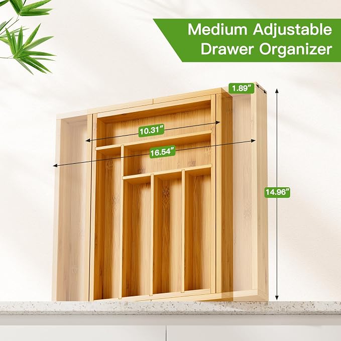 Pipishell Bamboo Expandable Drawer Organizer for Utensils Holder, Adjustable Cutlery Tray, Wood Drawer Dividers Organizer for Silverware, Flatware, Knives in Kitchen, Bedroom, Living Room(M-N) - Image 2