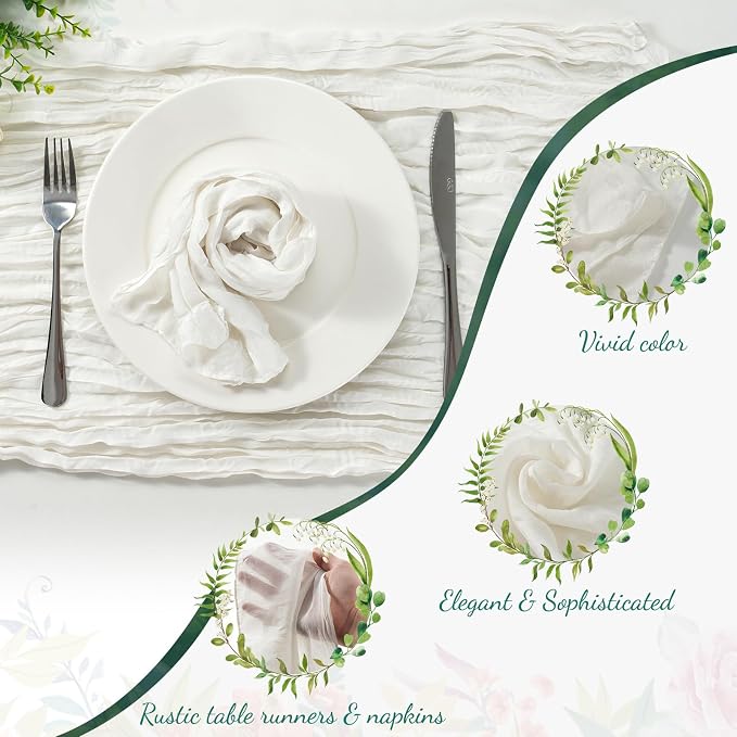 60PCS Ivory White Cheesecloth Napkins and 6PCS Table Runners Set, 19.69x19.69inch Rustic Wedding Napkins and 35x118inch Gauze Table Runner for Wedding Party Boho Table Decor - Image 3