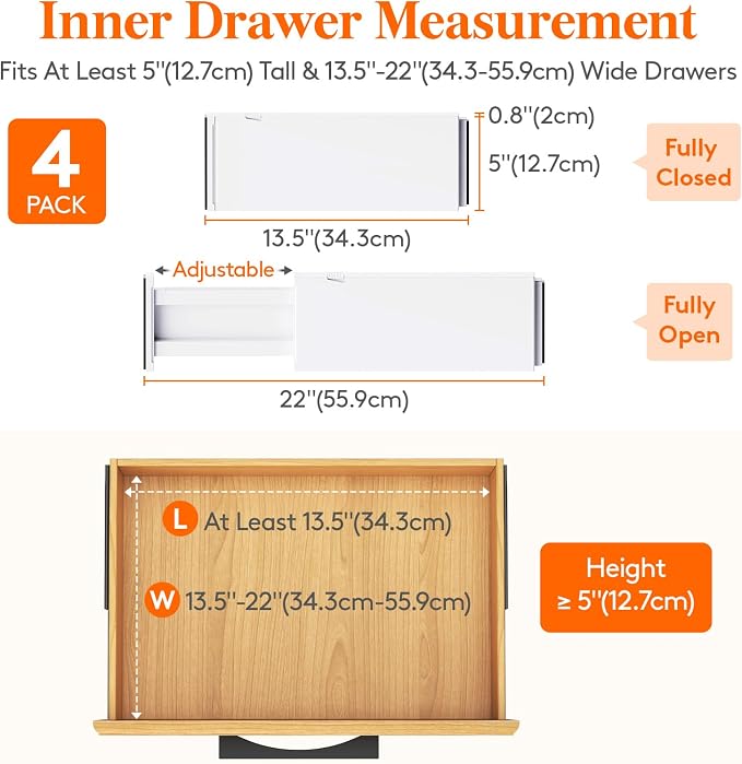 Lifewit 5" Tall Upgrade Drawer Dividers, Adjustable Deep Drawer Organizer | 13.5"-22" Expandable White Drawer Separator for Clothes, Dresser/Kitchen/Closet/Bedroom/Office Organization & Storage, 4 Pack - Image 2