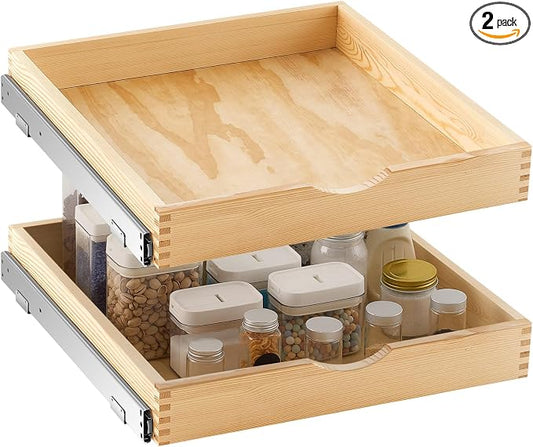 2 Set Wooden Pull out Cabinet Organizer Fully Assembled Slide out Pantry Drawer with Gentle Close Storage Shelf Tray for Base Kitchen Under Sink Bathroom Accessory(Wood Color,21'' X 21'' X 3'') by Menkxi