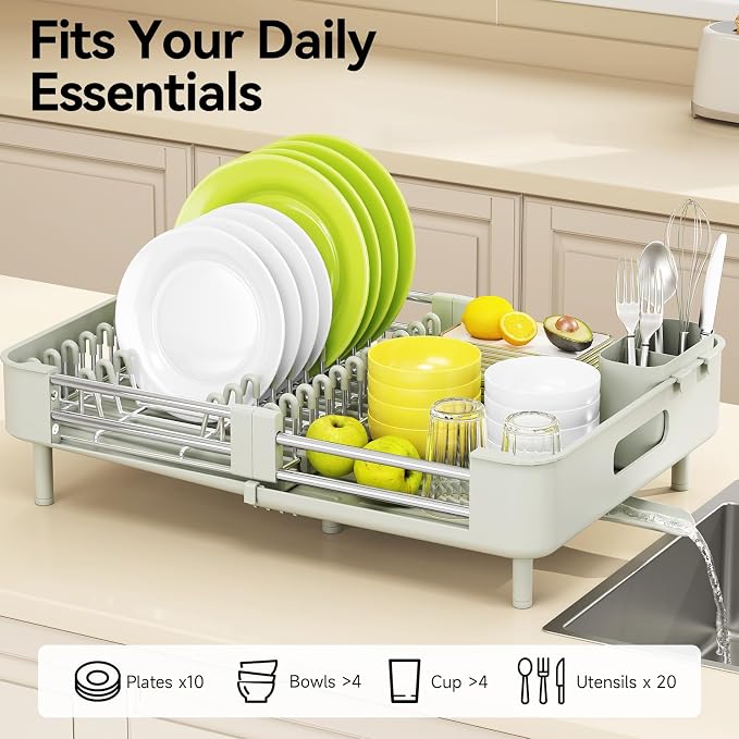 Urackify Extendable Stainless Dish Drying Rack for Kitchen Counter | 13.78"W x 18.7"L, Foldable Drainboard for Space Saving, Knife and Utensil Holder, Fast-draining Spout, Soft Celery Green - Image 3