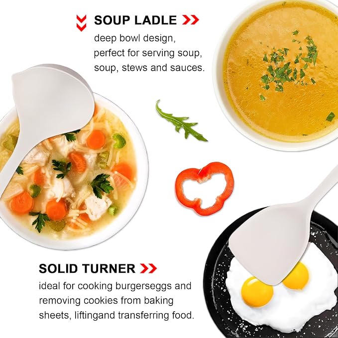 Silicone Cooking Utensils Set 5 Pcs Large Non-Stick Kitchen Utensils Set, Wooden Handle Heat Resistance Turner Soup Ladle Spoon Silicone Cooking Kitchen Gadgets BPA Free for Nonstick Cookware - Image 5