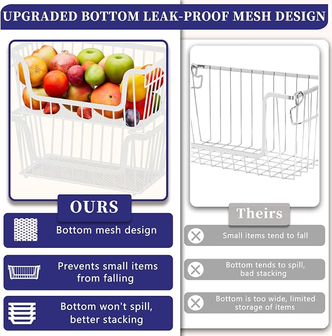 5 Pack Enhanced Leak-Proof Bottom Stackable Wire Baskets, Pantry Organizers and Storage, pantry storage，Shelf Baskets, Fruit Basket, Potato and Onion Storage Bins，(White) - Image 3