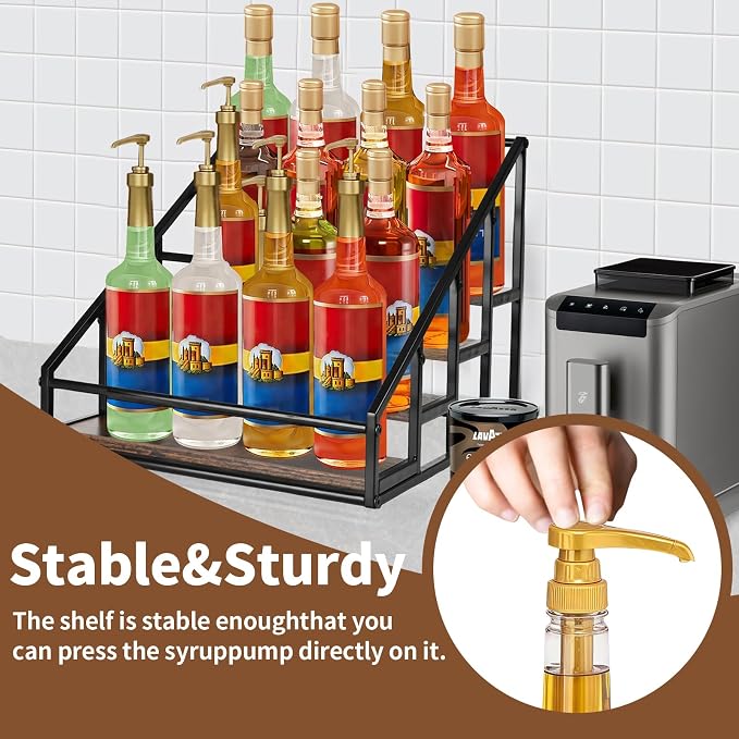 YQBRAO 2-Pack 4-Tier Coffee Syrup Organizer, 32-Bottle Total, Brown | Two racks hold up to 32 bottles total with stepped visibility for large coffee bars, kitchens, and beverage stations. - Image 5