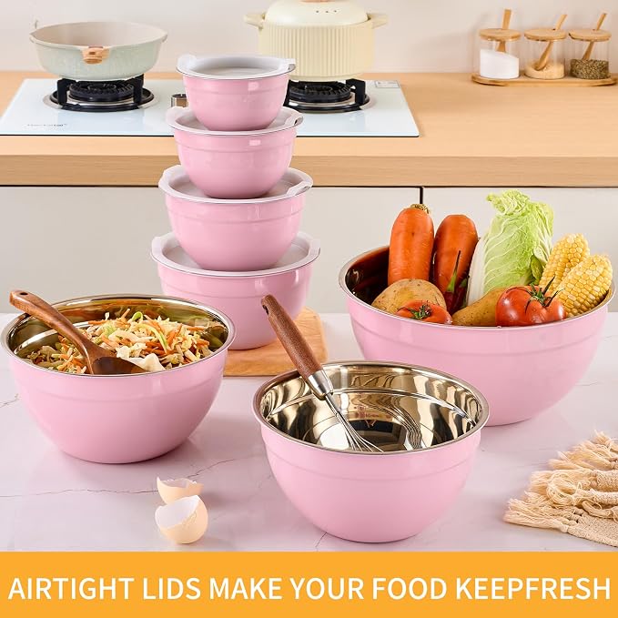 Pink Mixing Bowls with Airtight Lids, Stainless Steel Nesting Mixing Bowls Set of 7, Ideal for Baking, Prepping and Serving Food, Size 7, 3.6, 2.7, 2.1, 1.5, 1.1,0.8 QT, Stackable Design - Image 7
