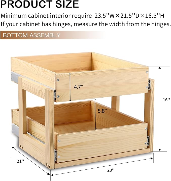 Pull Out Cabinet Organizer, 23''W×21''D×16''H Soft Close Slide Out Wood Drawer Shelves Storage for Kitchen, 2-Tier, Finished, Heavy-Duty, Bottom Assembly - Image 3