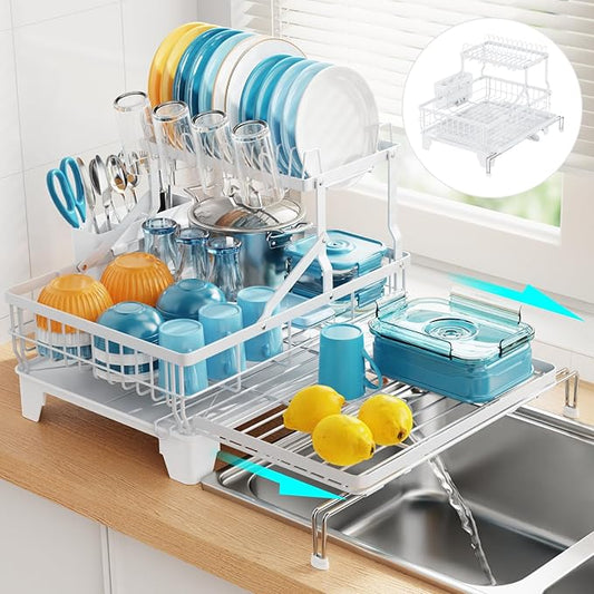 Large Expandable 2 Tier Dish Drying Rack - Over Sink & Counter Use | Extendable Drying Space, Auto-Drain Spout, Stable Screw-Fixed Frame, Cup & Utensil Holder, Rust-Resistant Kitchen Rack, White by GSlife