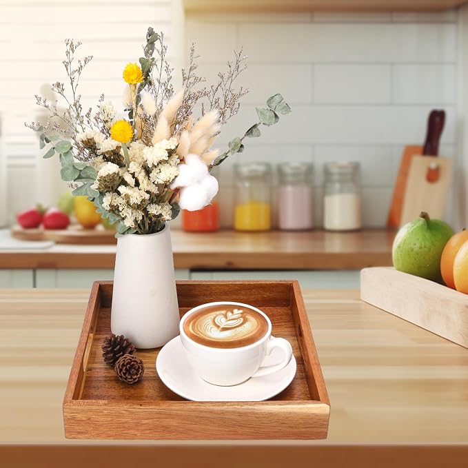 4 PCS Acacia Wood Serving Tray with Handles - 10 Inch Square Wooden Tray with Handles, Ideal as Breakfast, Coffee Table, Decorative, Serving(1.75 Inch Thickness) - Image 5