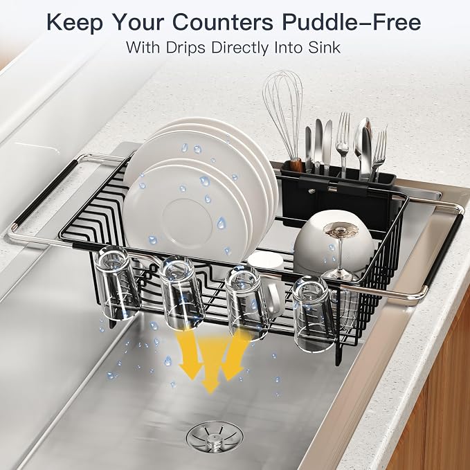 Dish Drying Rack Over The Sink with Utensil Holder | Expandable Stainless Steel Dish Drainer for Small Kitchen, Apartment, RV, Counter Space Saving, Perfect Fit, Rustproof - Image 8