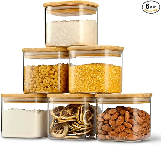D2scrma 22oz Airtight Square Spice Containers with Bamboo Lid Set of 6 (650ml) Kitchen Pantry Organization Jar Stackable Spice Jar, for Sugar, Tea, Cookies and Coffee beans (‎with Black Lable) by Delicatedtoservicecustomer