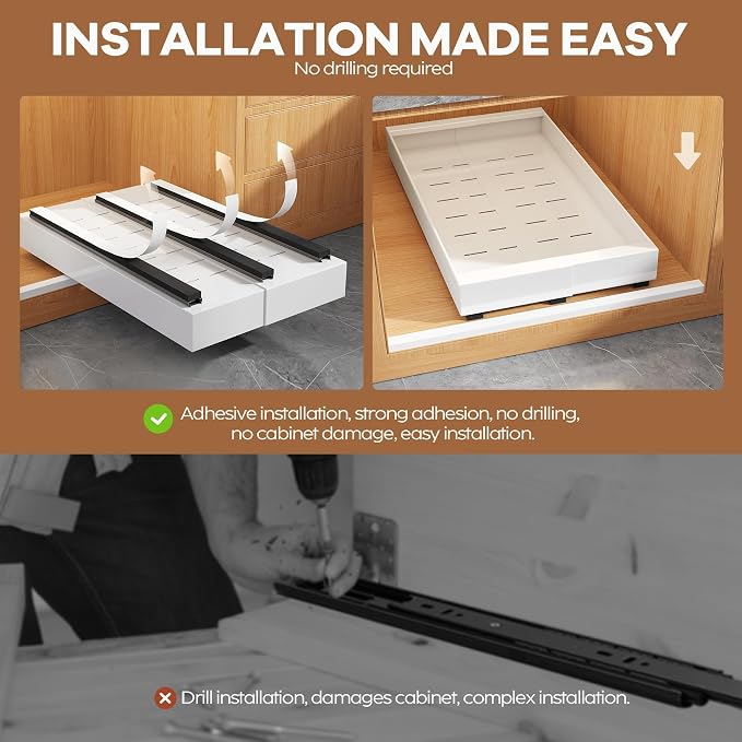 Seinloes 2 Pack Expandable (9"-14") Pull Out Cabinet Organizer 21" Deep With Raising Pad for Framed Cabinets,Upgrade 3 Slide Rails Slide Out Drawers,No Drill Roll Out Shelves Adhesive,White - Image 6