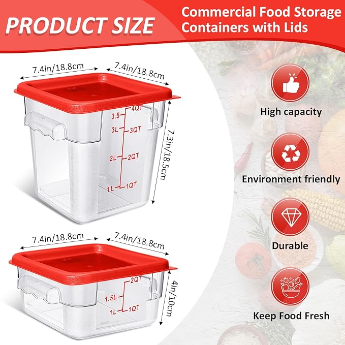 Yungyan 16 Pcs Restaurant Food Storage Containers with Lids Set 2Qt and 4Qt Commercial Restaurant Square Storage Containers Clear Food Cereal Container for Kitchen Freezer (Red Lids) - Image 2