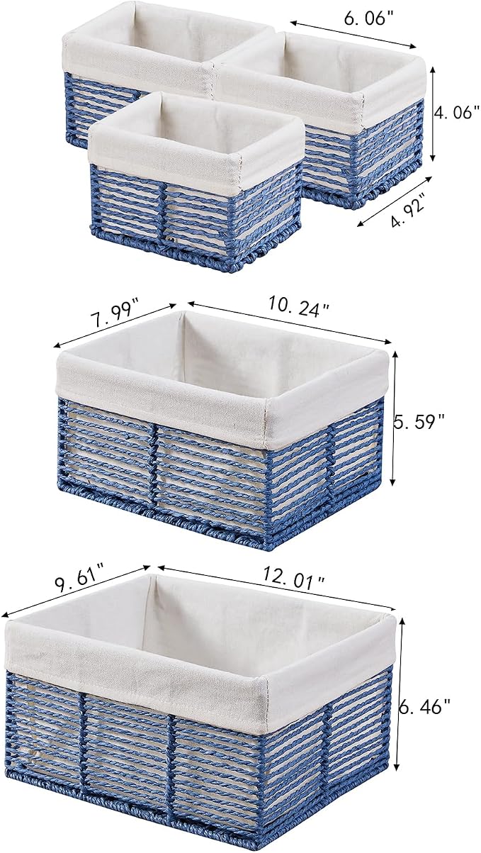 Wicker Storage Basket, Hand-Woven Paper Rope Wicker Baskets, Rectangular Small Wicke Baskets for Organizing, Cube Storage Bins for Closet/Clothes/Dresser, Blue, 5-Pack - Image 2