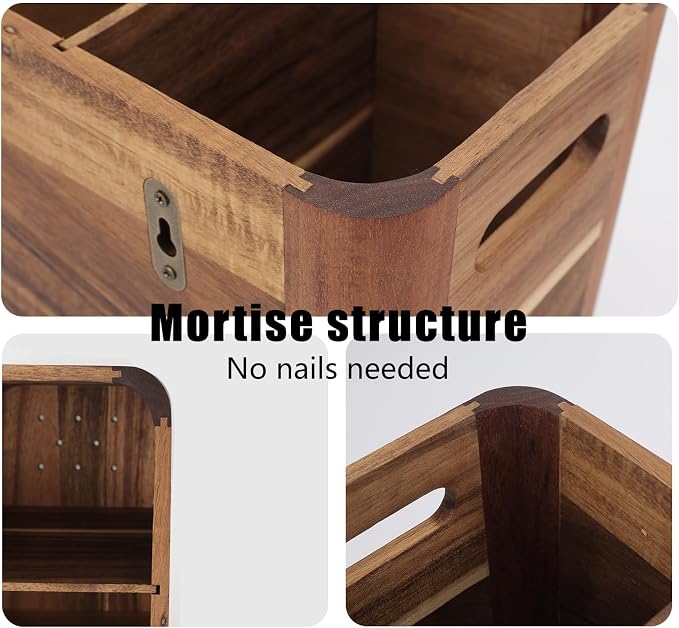 Utensil Holder for Kitchen Countertop - Extra Large 4 Compartment Wooden Organizer in Acacia Wood, Storage for Cooking Tools and Cutlery, Farmhouse Style for Home Cooking - Image 2