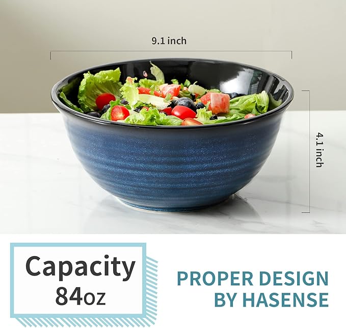 HASENSE Large Serving Bowls, 9 Inch Ceramic Salad Bowls, 84 oz Serving Dishes for Entertaining, Deep Bowl Set Perfect for Soup Pasta Pho Popcorn Fruit, Dishwasher Microwave Safe, Set of 2, Navy Blue - Image 2