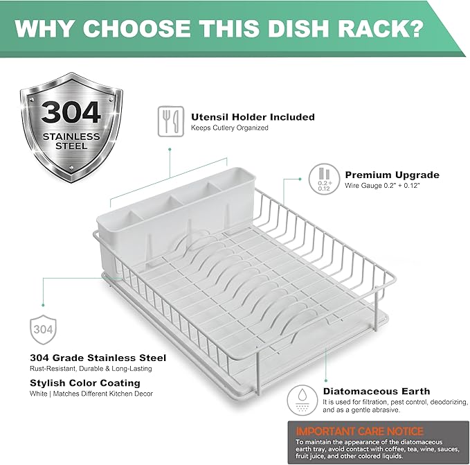 SunnyPoint 304 Stainless Steel Dish Drying Rack with Diatomaceous Earth Drainboard & Removable Utensil Caddy – Rust Resistant Countertop Dish Rack for Kitchen (White) - Image 4
