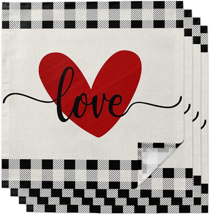 Kitchen Cloth Napkins 4 Pack Reusable Dinner Napkins Love Valentines Red Heart Black White Buffalo Plaid Linen Soft Smooth Fabric Table Napkin for Wedding Banquet Party Decoration (20x20 Inches) by T%26H+XHome