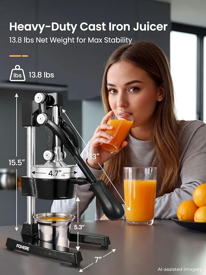 FOHERE Orange Juicer Squeezer, Cast Iron Lemon Squeezer, Commercial Citrus Juicer Hand Press for Orange, Lemon, Pomegranate, Grapefruit, Easy to Clean Citrus Squeezer with a Stainless Steel Cup - Image 4