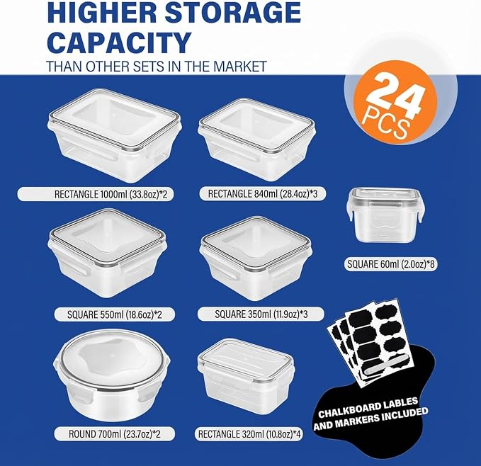 24 Pack Food Storage Container Set with Airtight Lids, Labels & Pen | Multiple Sizes, Leak-Proof Lunch Boxes for Meal Prep, BPA-Free Clear Plastic Containers, for Home & Kitchen Organization - Image 7