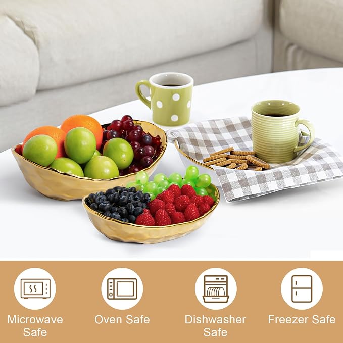 Fruit Bowl for Kitchen Counter with Metal Stand, 3 Tier Fruit Basket for Counter, White Gold Ceramic Fruit Bowl, Detachable Rack for Fruit Vegetable Snack Dessert Storage (Gold) - Image 5