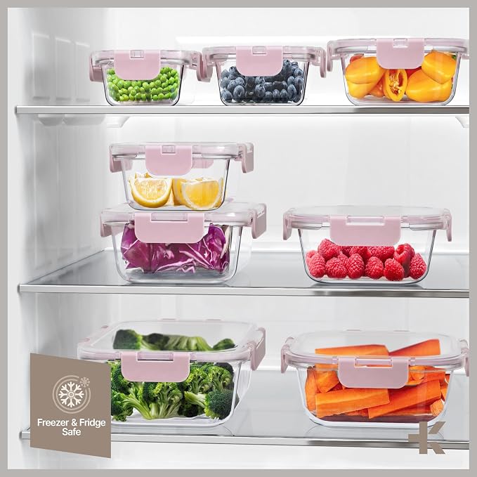 Bakken Borosilicate Glass Food Storage Containers with Lids 16 Pieces, BPA-Free Stackable Lunch & Leftover Containers, Microwave, Freezer & Dishwasher Safe, 100% Airtight Leak-Proof, Pink - Image 10