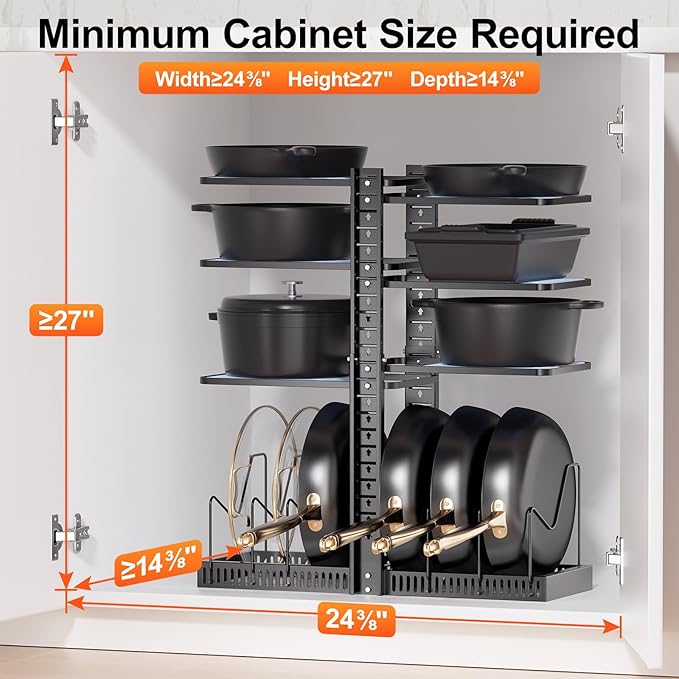 LAMU Pots and Pans Organizer under Cabinet, Adjustable Height Up to 24'', 6 Tier Pot Organizer Rack with 6 Horizontal Dividers, Adjustable Pot and Pan Organizer for Kitchen Storage, Black - Image 2