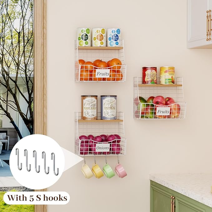 3 Pack Hanging Fruit Basket for Kitchen with Wood Lid - Onion and Potato Storage Fruit Bowl with Nameplate for Counter&Wall Mounted, Stackable Storage Basket,11.81 * 8.66 * 10.63inch - Image 5