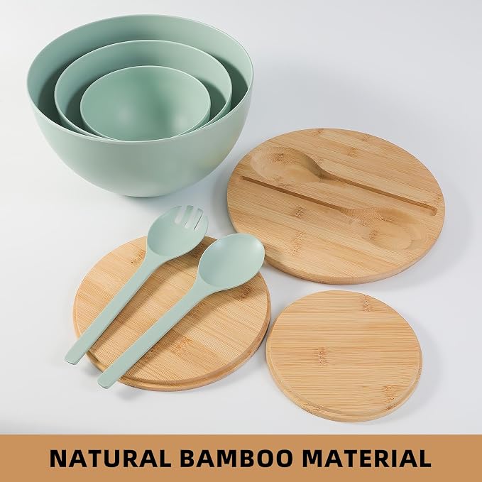 ECOWAY Salad Bowls Set of 3 with Lid & Serving Utensils, Bamboo Fiber Mixing Bowls Set Large Serving Bowls & Storage Set with Bamboo Lid for Salad, Kitchen Eating, Pasta, Popcorn, Chips, Fruit, Cyan - Image 5