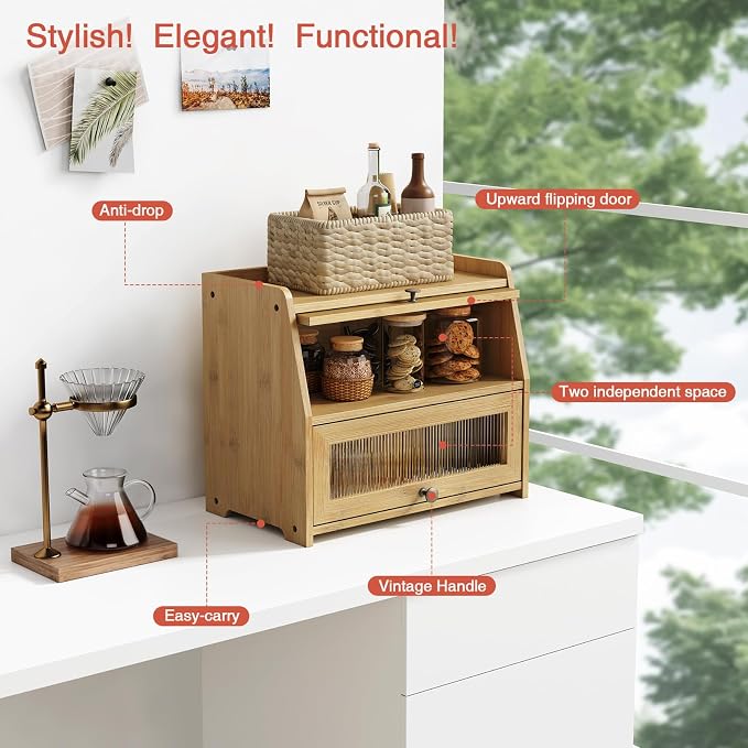 Goozii Large Bread Box for Kitchen Countertop, Double Layer Breadbox for Homemade Loaf Bread, Farmhouse Bread Storage Container Bin for Kitchen Counter Pantry Cupboard (Natural Bamboo) - Image 4