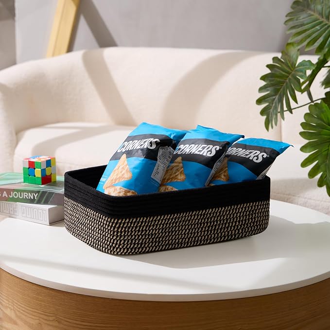 MiniArk Large Shallow Organizing Baskets 15x11x5.1 Inches - Rope Woven Storage Bins for Bathroom, Shelves, Cube Closet, Black Woven Brown 4 Packs - Image 5