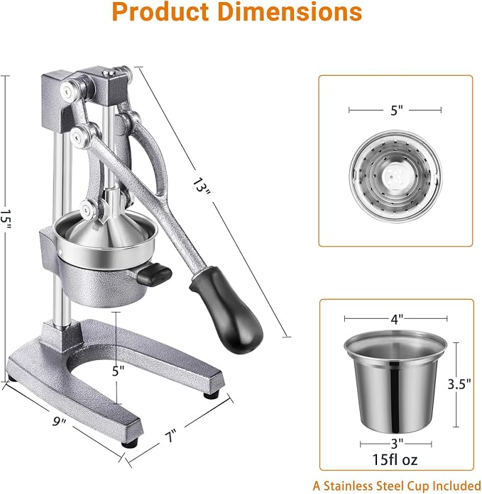 TONGCHANT Cast Iron Manual Juicer for Orange Lemon Lime Pomegranate &Citrus | Heavy Duty Orange Juicer Squeezer, Hand Press Juicer, Citrus Press, Stainless Steel Cup, Easy to Clean, Silver - Image 3