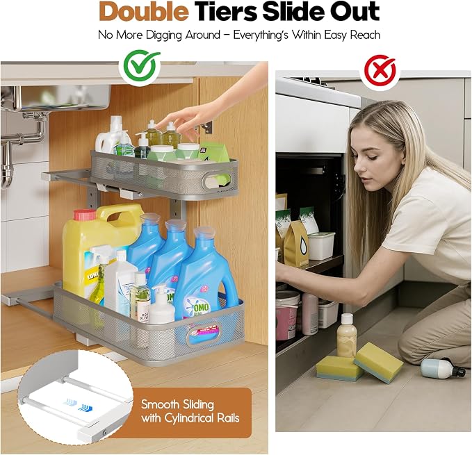 2 Pack 15.7IN-Depth Under Sink Organizer With Smooth Cylindrical Rail,2-Tier Pull Out Multi-Purpose Cabinet Storage for Bathroom&Kitchen,Height Adjustable,Rust-resistant Coating-Gun Gray - Image 3
