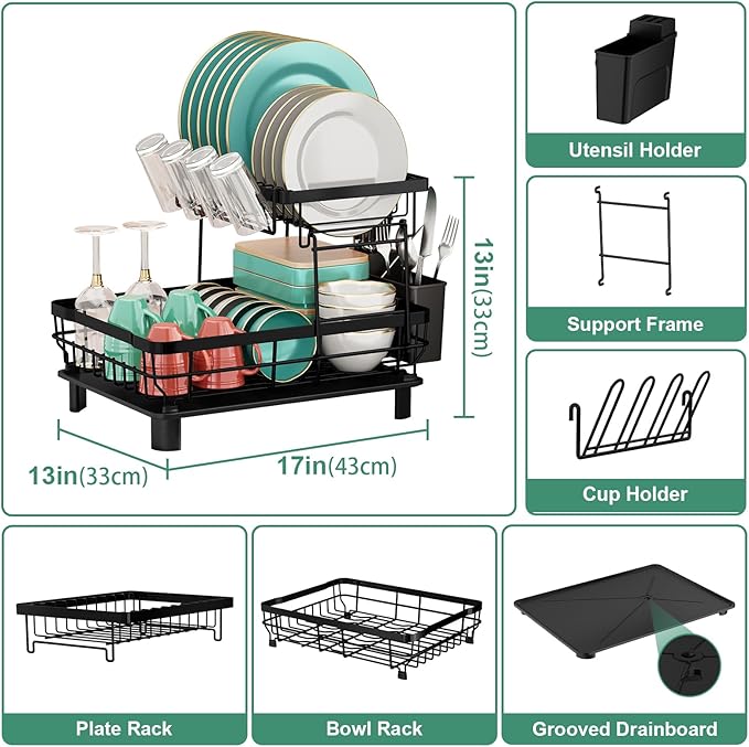 MOUKABAL 2 Tier Dish Drying Rack with Drainboard for Kitchen Counter, Black | 13×17 Large Capacity/Rustproof Stainless Steel/Fast Drainage Dish Drainer/Removable Utensil Holder/Kitchen Counter Organizer - Image 4