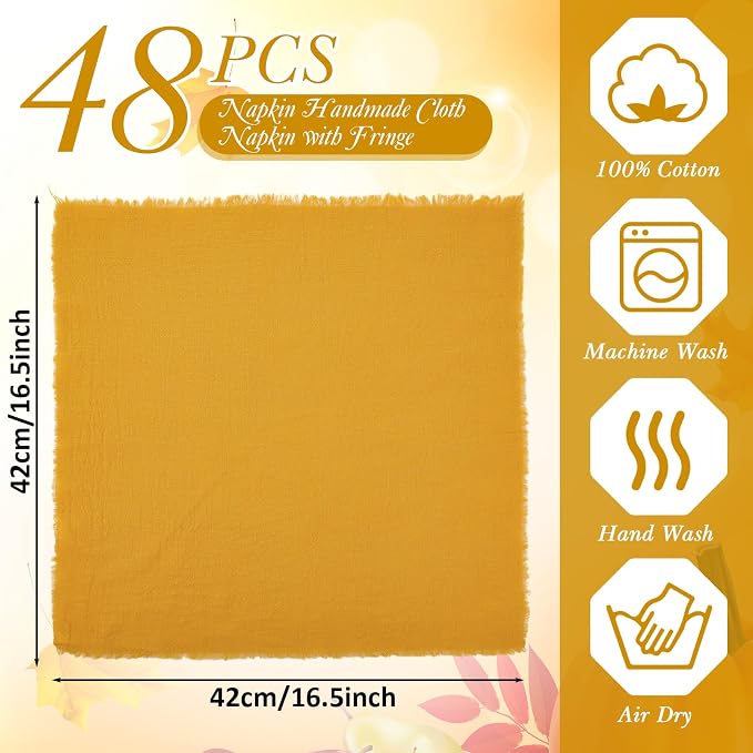 48 Pcs Cotton Linen Cloth Napkins with Fringe 16.5 x 16.5 Inch Square Rustic Dinner Linen Napkins Bulk for Wedding Party Banquet Dinner(Ginger) - Image 2