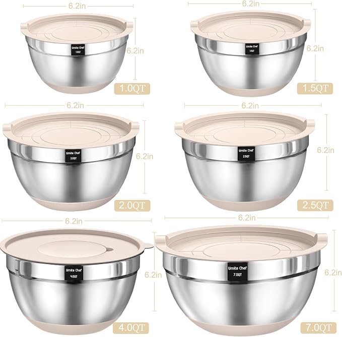 Mixing Bowls with Airtight Lids Set, 26PCS Stainless Steel Khaki Bowls with Grater Attachments, Non-Slip Bottoms & Kitchen Gadgets Set, Size 7, 4, 2.5, 2.0,1.5, 1QT, Great for Mixing & Serving - Image 2