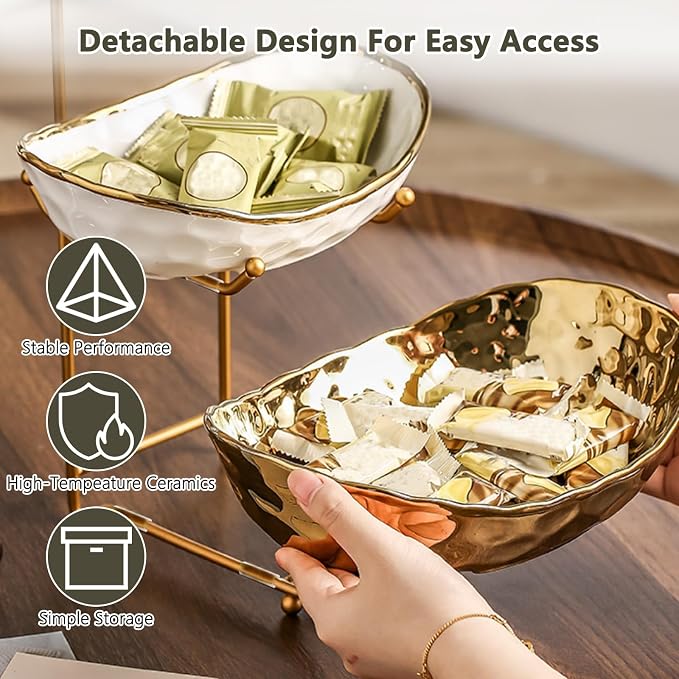3 Tier Ceramic Fruit Bowl with Metal Stand - Kitchen Countertop Organizer for Fruits, Snacks, Desserts, Nuts, Candy Storage, Modern Serving Basket for Party, Dining & Home Decor - Image 3