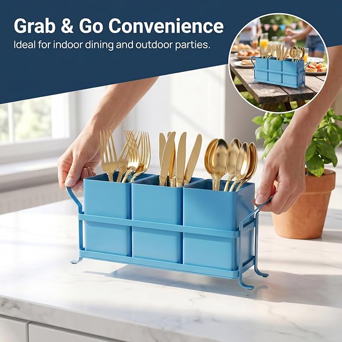 NelyBet Utensil Holder Silverware Caddy for Party Countertop, 3pcs Bins Set Silverware Caddy Organizer Holders for Spoon and Fork, Blue - Image 4