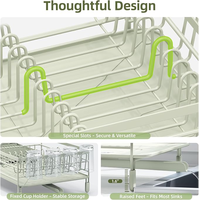Urackify Extendable Dish Rack, 18.5"-26.7" L x 12.7" W, Soft Celery Green | Multifunctional large dish rack with cup holder and built-in cutlery holder for versatile drying needs - Image 3